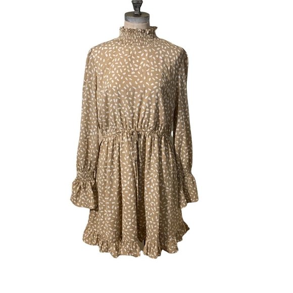 Mainstrip High Neck Ruffled Long Sleeve Beige White Polka Dot Dress Size Large - Picture 4 of 10